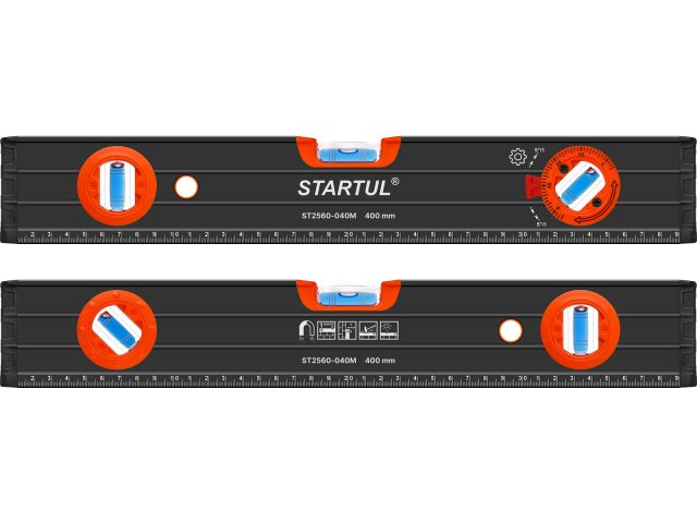 Уровень 400мм магнитный STARTUL PROFI (ST2560-040M) (угл 90° 180° 45°, фрезерованная поверность, 1 поворотный глазок, линейка на корпусе)