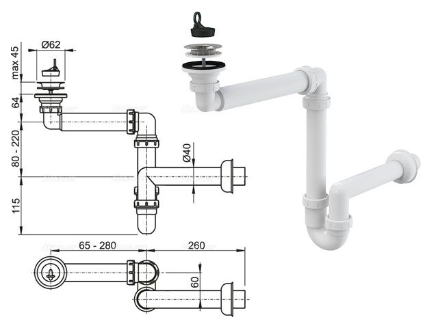 Cифон для умывальника экономящий пространство D63, Alcaplast