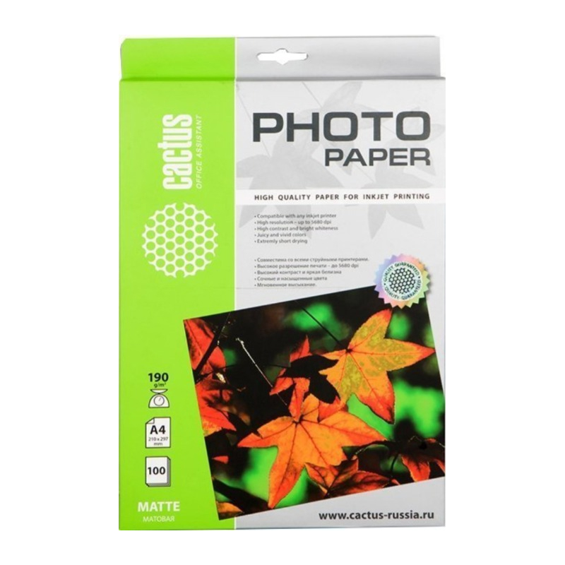Фотобумага Cactus Матовая A4 190 г/кв.м. 100 листов CS-MA4190100