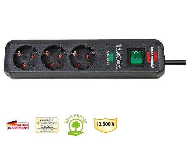 Удлинитель / фильтр сетев. 1.5м (3 роз., 3.3кВт, с/з, выкл., ПВС) Brennenstuhl Eco-Line (провод 3х1,5мм2, сила тока 16А, до 13 500 А)