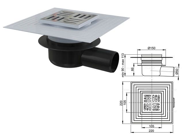 Сливной трап 105х105/50, подводка-боковая, решетка-нерж. сталь, гидрозатвор-сухой, Alcaplast