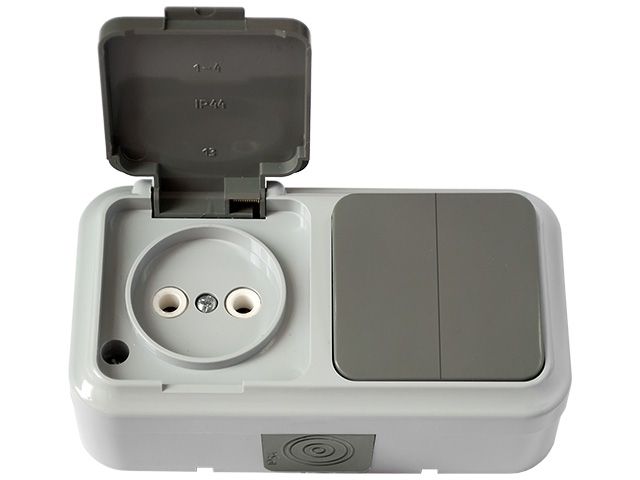 Блок выкл. 2 клав. + розетка (открытая, б/з, брызг. защ.) серая, Пралеска Аква, Bylectrica (IP54 пылебрызгозащищенные)