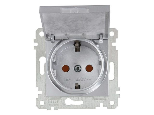 Розетка 1-ая (скрытая, без рамки, с/з, шторки,с крышкой) серебро, RITA, MUTLUSAN (16 A, 250 V, IP 20)