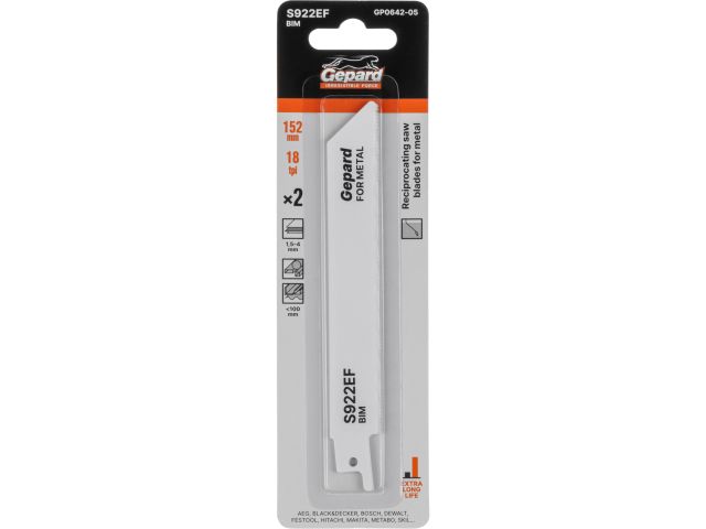 Пилка сабельная по металлу S922EF (2 шт.) GEPARD (152мм, полотно для сабельной пилы, пропил прямой, тонкий рез)