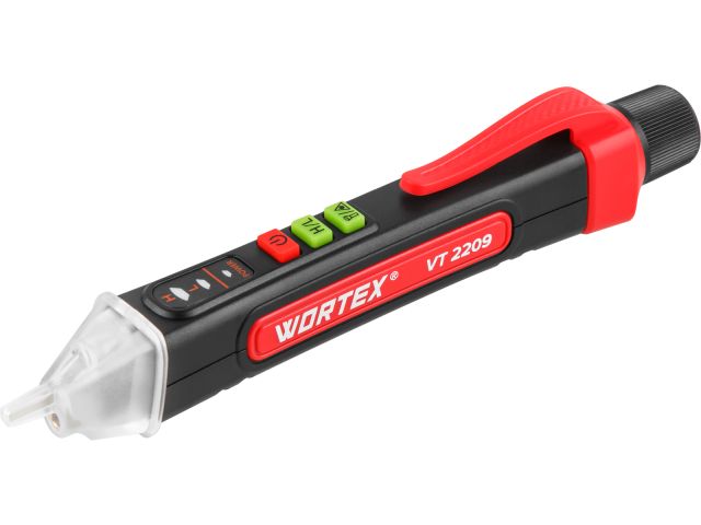 Бесконтактный индикатор напряжения WORTEX VT 2209 12-1000 В, световая и звуковая индикация (Встроенный фонарь и лазерная указка, батарейки в комплекте