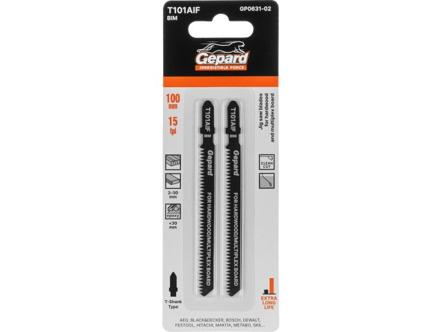Пилка лобз. по дереву/ламинату T101AIF (2 шт.) GEPARD (пропил прямой, тонкий, аккуратный и чистый рез)