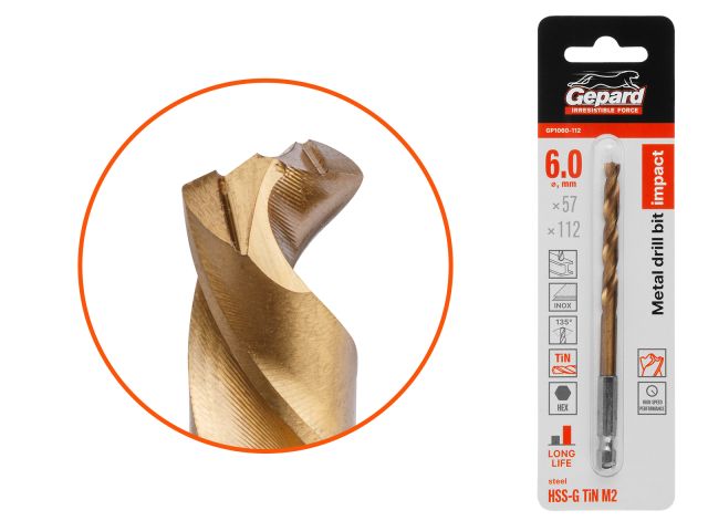 Сверло по металлу шестигр. 6.0х57х112 мм HSS-G TIN GEPARD (многогранная заточка)