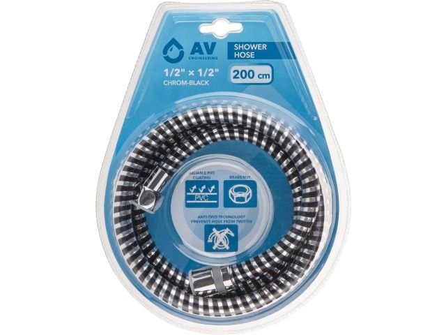 Шланг душевой, PVC, 1/2" г-г 200 см, хром-черн., AV Engineering (Гайка латунь (anti-twist), 10 бар)