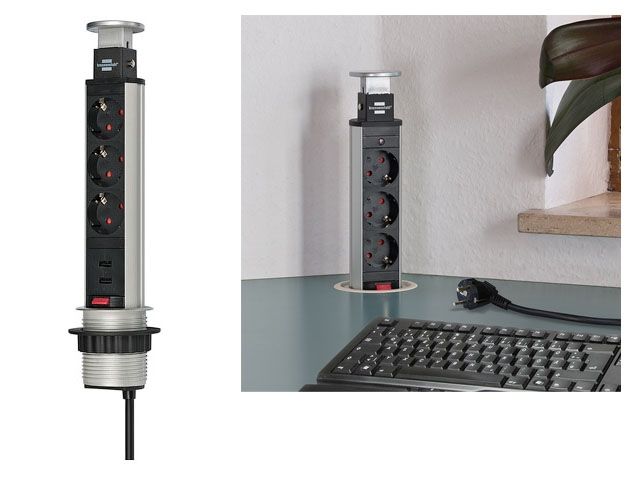 Удлинитель-башня 2м Tower-Power (3 роз, 2 USB, H05VV-F 3G1.5) Brennenstuhl (встраиваемый в столешницу, вертикальный выдвижной настольный удлинитель дл