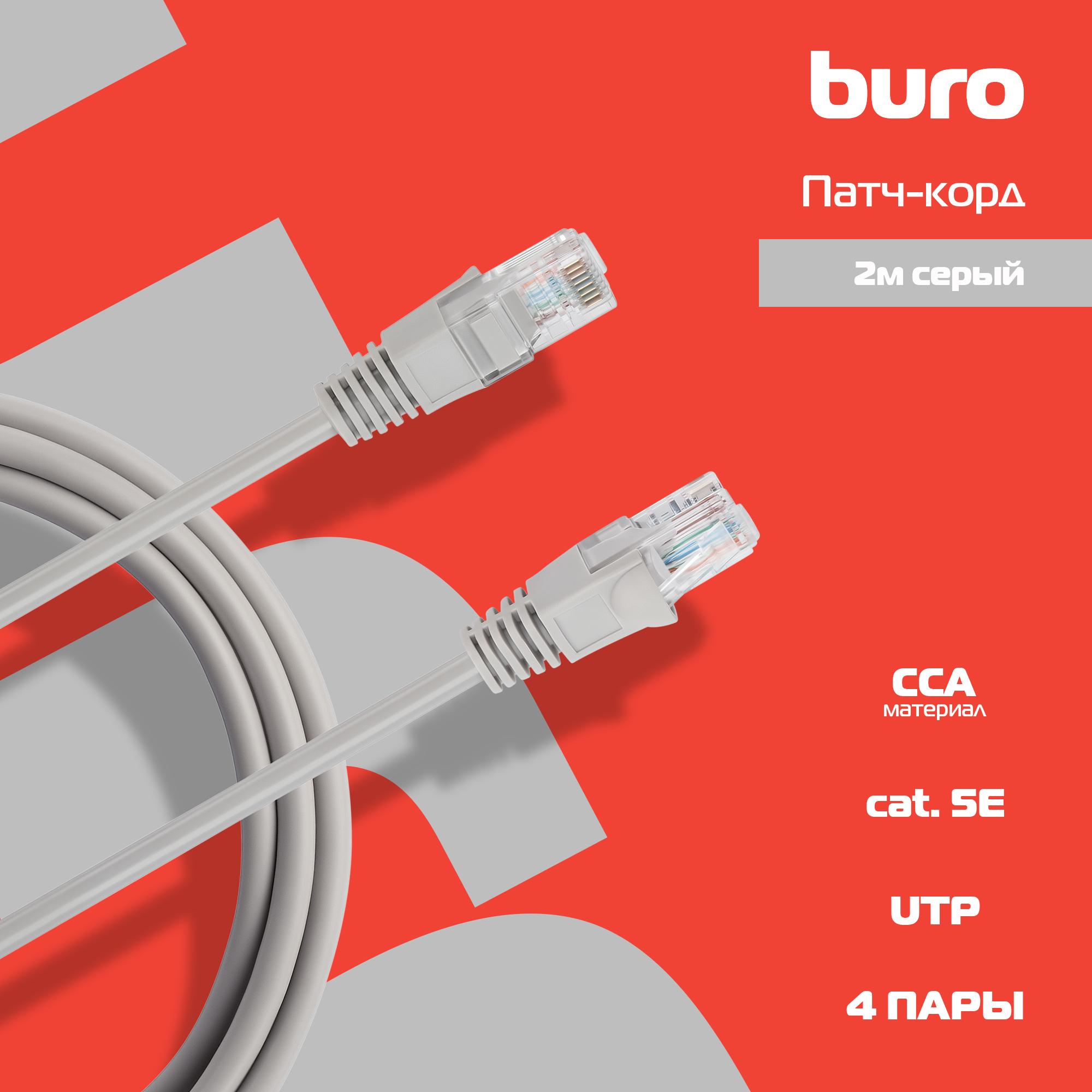 Патч-корд Buro UTP-5E-2M-G cat5E 2м серый