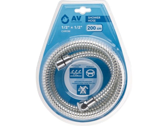 Шланг душевой, PVC, 1/2" г-г 200 см, хром, AV Engineering (Гайка латунь (anti-twist), 10 бар)