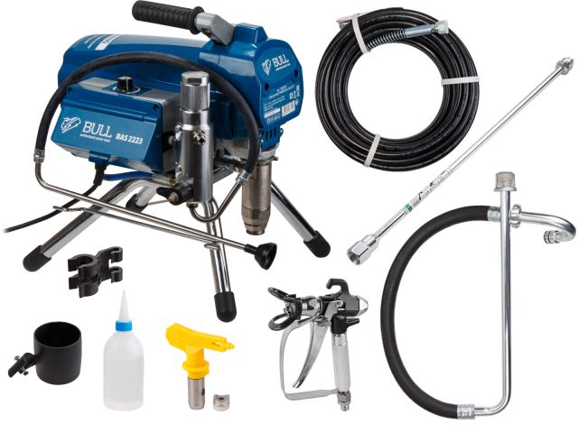 Безвоздушный окрасочный аппарат BULL BAS 2223 в кор. БЕСЩЕТ., 1300 Вт, 2,3 л/мин, 220 Бар (15 кг, электронный контроль давления, макс. шланг до 30 мет