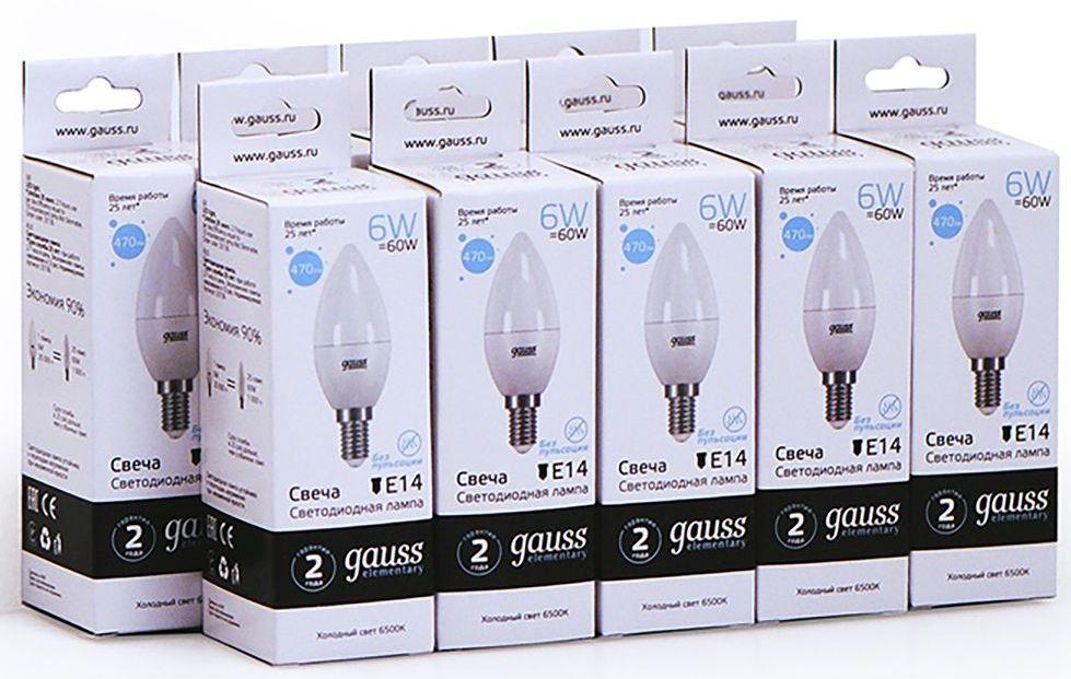 Светодиодная лампочка Gauss Elementary Свеча 6W 470lm 6500K Е14 LED 10шт (33136)