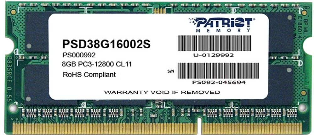 Оперативная память Patriot DDR3-1600 8GB PC-12800 SODIMM (PSD38G16002S)