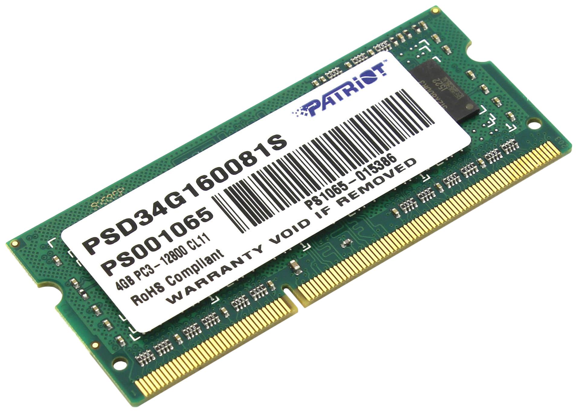 Оперативная память Patriot DDR3-1600 4GB PC-12800 SODIMM (PSD34G160081 S)