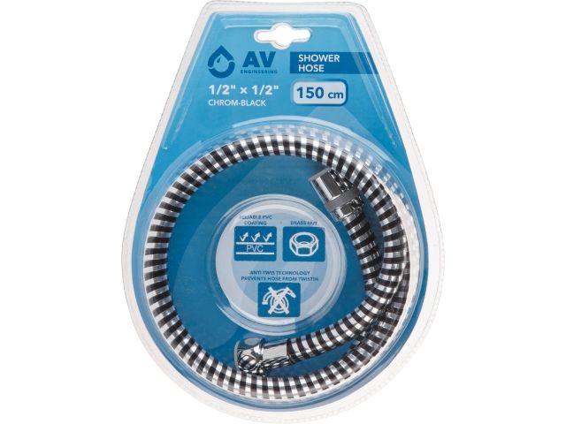 Шланг душевой, PVC, 1/2" г-г 150 см, хром-черн., AV Engineering (Гайка латунь, 10 бар)