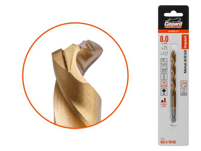 Сверло по металлу шестигр. 8.0х75х117 мм HSS-G TIN GEPARD (многогранная заточка)
