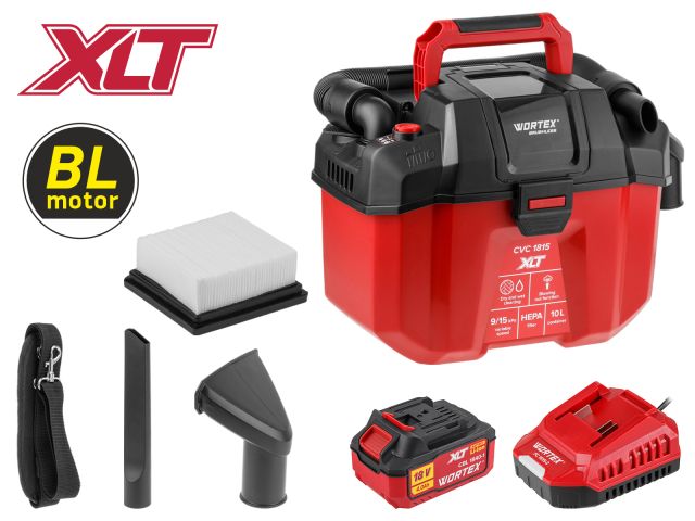 Аккум. пылесос WORTEX CVC 1815 в кор. XLT SET БЕСЩЁТ., 18 В, 9-15 кПа, 10 л, строительный (18 В, строительный,  бесщёт. двигатель,4 Ач акб + ЗУ, 10 л,