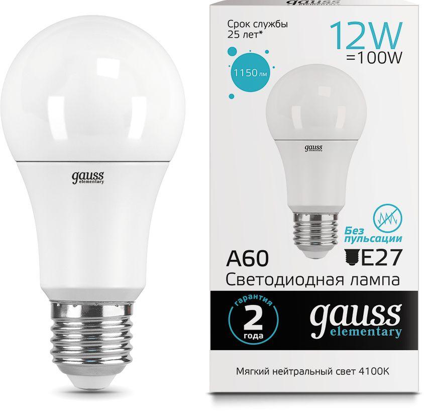 Светодиодная лампа Gauss Elementary A60 12Вт E27 220B 4100K (23222)