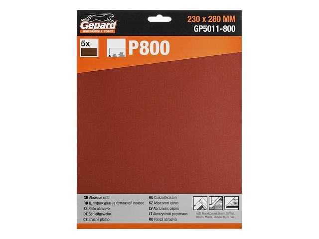 Шлифлист 230х280мм Р800 бум.осн. 5шт. GEPARD (GP5011-800) (бумага наждачная абразивная, лист шлифовальный абразивный, шлифшкурка)