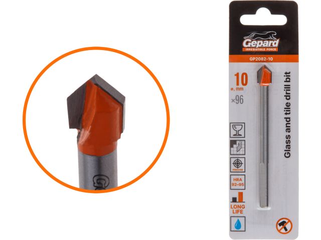 Сверло по кафелю/стеклу 10x96 мм трехгр. хвостовик GEPARD (GP2082-10) (по керамической плитке)