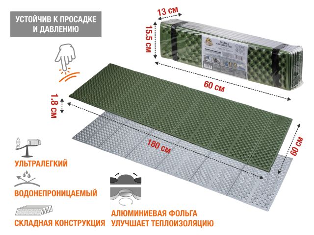 Коврик туристический складной с фольгой, Coyote Plus, ARIZONE (длина: 180 см, ширина: 60 см, толщина: 1,8 см)