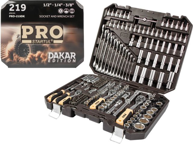 Набор головок и ключей 219пр. 1/4",3/8",1/2" PRO STARTUL DAKAR (PRO-219DK) (усоверш. 6-ти гранный профиль головок, спец. форма зева ключей, плавающие