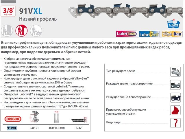 Цепь 35 см 14" 3/8" LP 1.3 мм 50 зв. 91VXL (2 шт в блистере) OREGON (затачиваются напильником 4.0 мм, для нерегулярн. интенсивного использования)