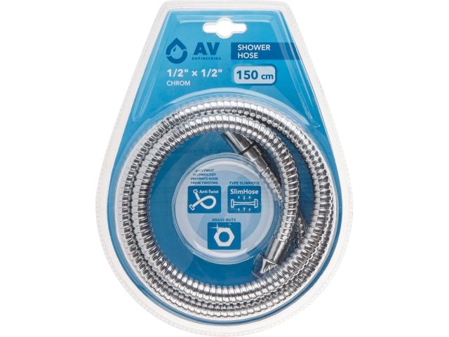 Шланг душевой SUS/EPDM, 1/2" г-г 150 см, хром, anti-twist, AV Engineering (Гайка латунь (anti-twist), 10 бар)