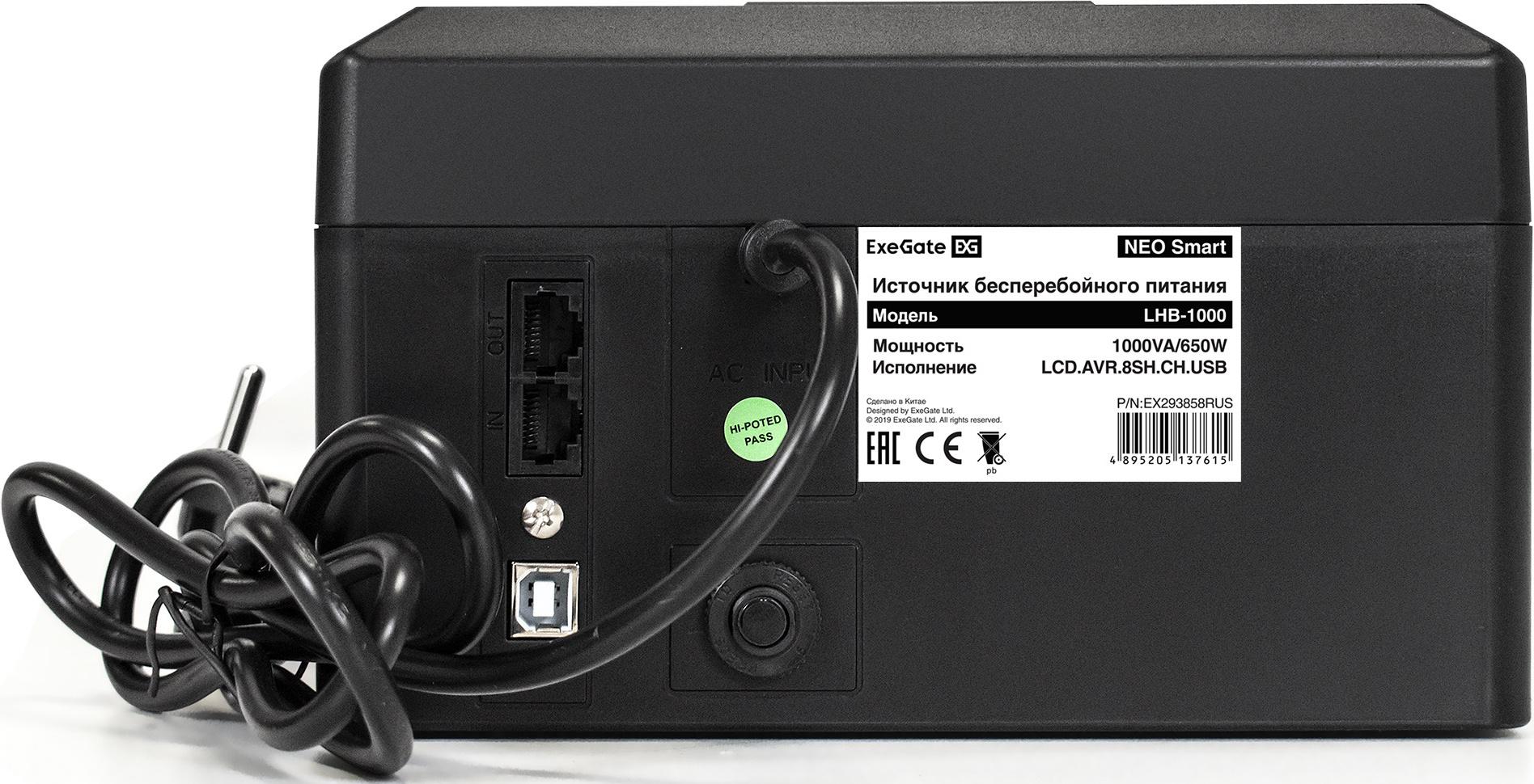 Источник бесперебойного питания ExeGate NEO Smart LHB-1000.LCD.AVR.8SH.CH.USB (EX293858RUS)