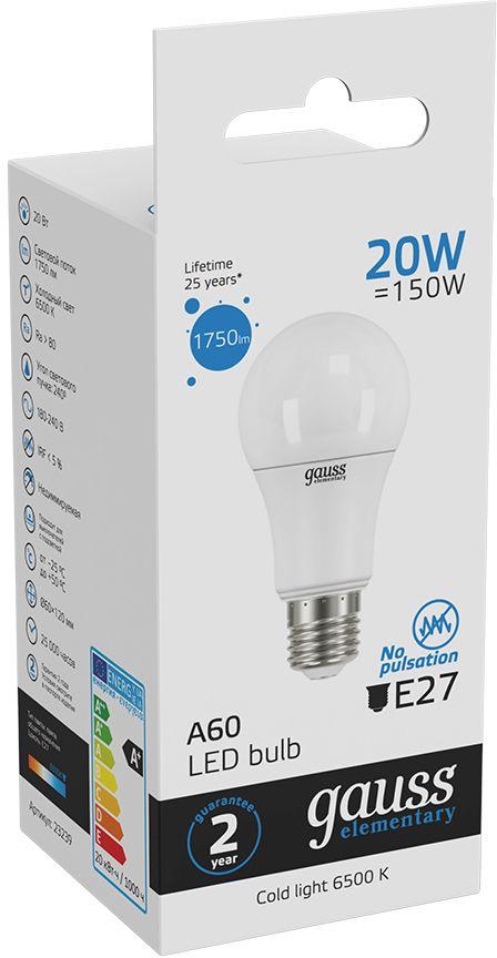 Светодиодная лампочка Gauss Elementary A60 20W E27 1750lm 6500K 10шт (23239)
