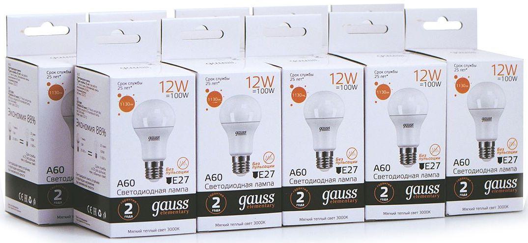 Светодиодная лампа Gauss Elementary 12Вт E27 220B 3000K A60 10шт (23212-10)