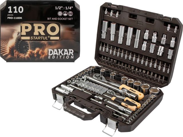 Набор головок и бит 110пр. 1/4",1/2" PRO STARTUL DAKAR (PRO-110DK) (усоверш. 6-ти гранный профиль головок, плавающие удлинители)