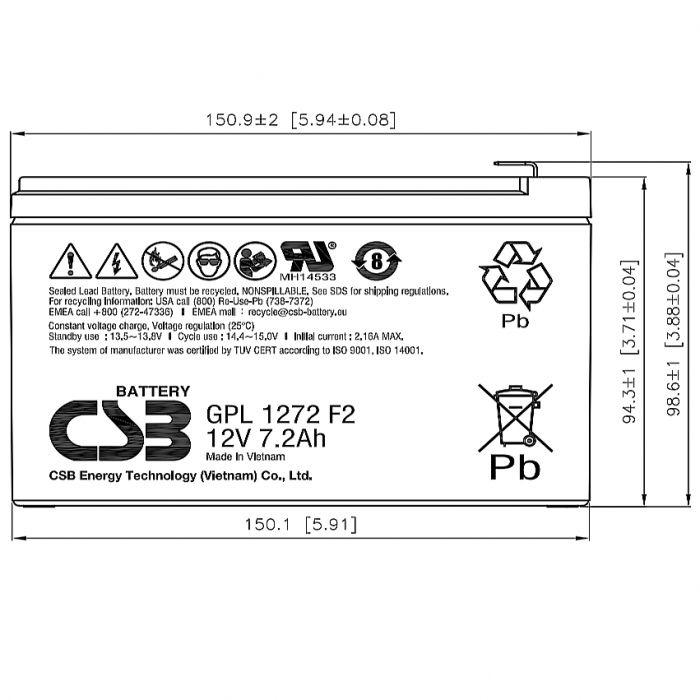 Аккумулятор для ИБП CSB 12V/7.2Ah (GPL 1272 F2 FR)