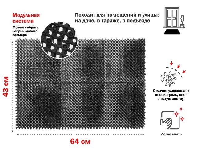 Коврик придверный, 43х64 см, "Травка", черный, PERFECTO LINEA