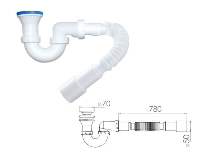 Сифон для душевого поддона U-образный h 130mm, выпуск 70 мм, с гибкой трубой 1 1/2" - 40/50мм, AV (AV Engineering)