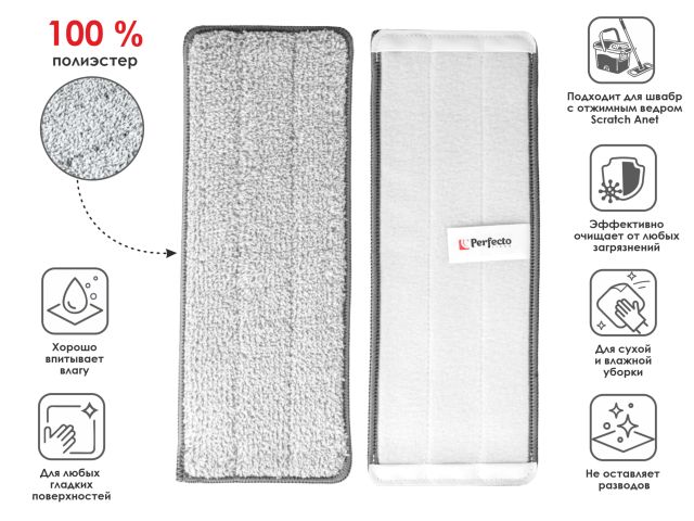 Набор сменных насадок для швабры с отжимным ведром Scratch Anet, 2 шт., PERFECTO LINEA (Размер: 32,5х12 см.)