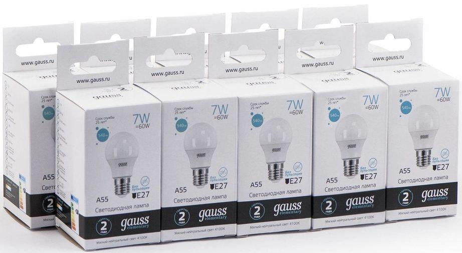 Светодиодная лампочка Gauss Elementary 7Вт E27 220B 4100K A60 10шт (23227A-10)