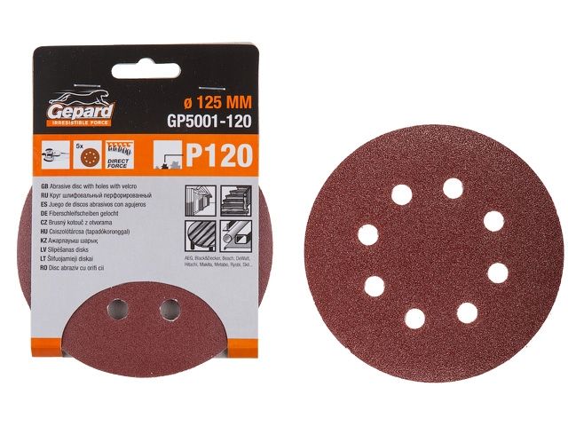 Шлифлист 125мм круг Р240 8 отв. 5шт. GEPARD (GP5001-240) (круг абразивный шлифовальный перфорированный)