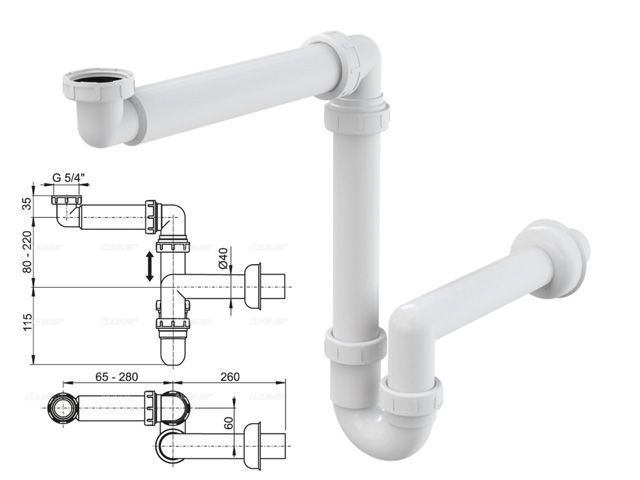 Сифон для умывальника экономящий пространство c накидной гайкой 5/4, Alcaplast