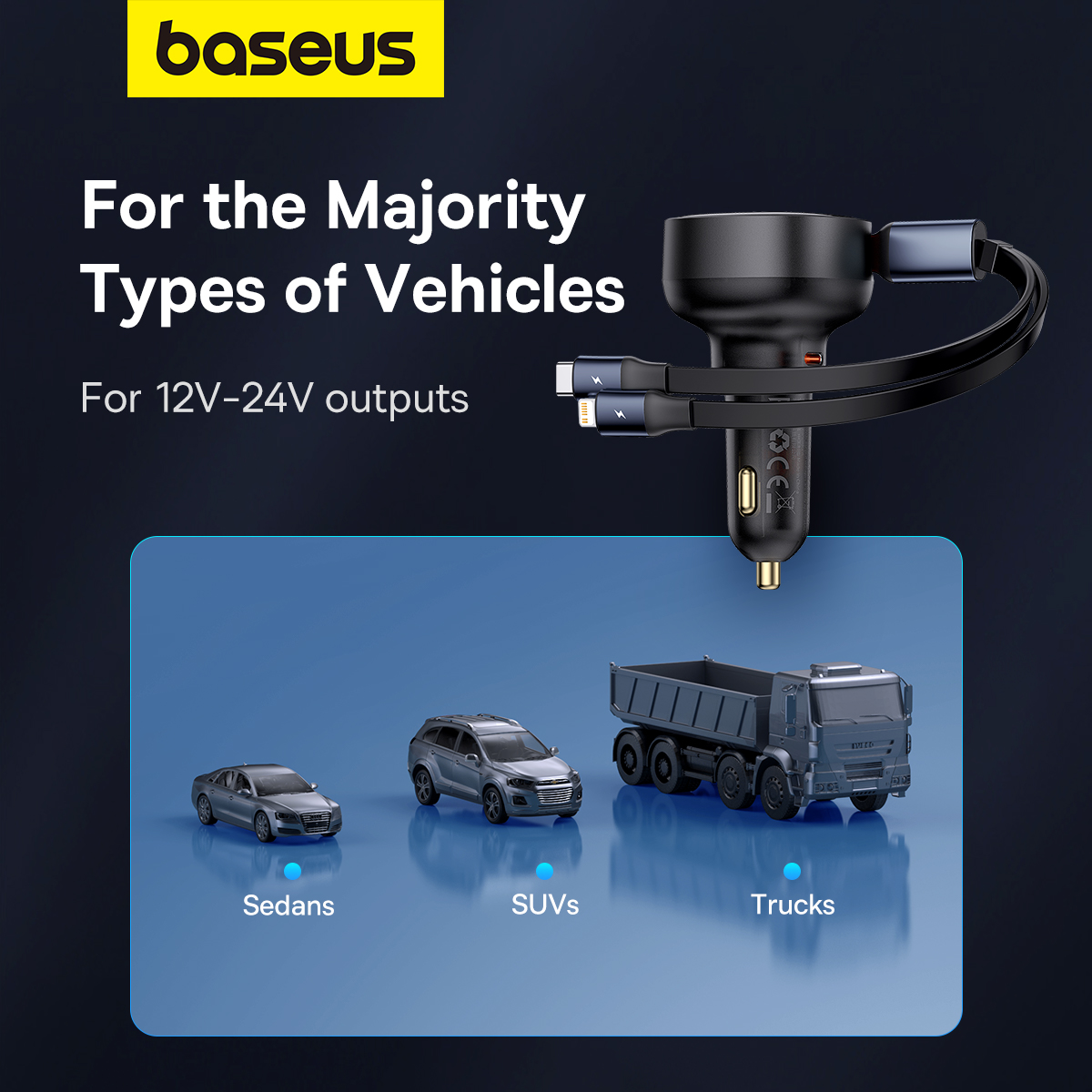 Автомобильное зарядное Baseus Enjoyment Pro C+Retractable C Cable 60W Cluster Black (C00057802111-00)