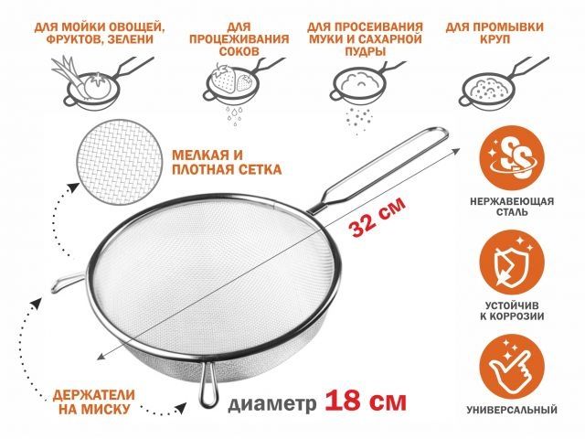 Дуршлаг с ручкой из нерж.стали, диам.18см,  PERFECTO LINEA (нержавеющая сталь, диаметр 18 см)