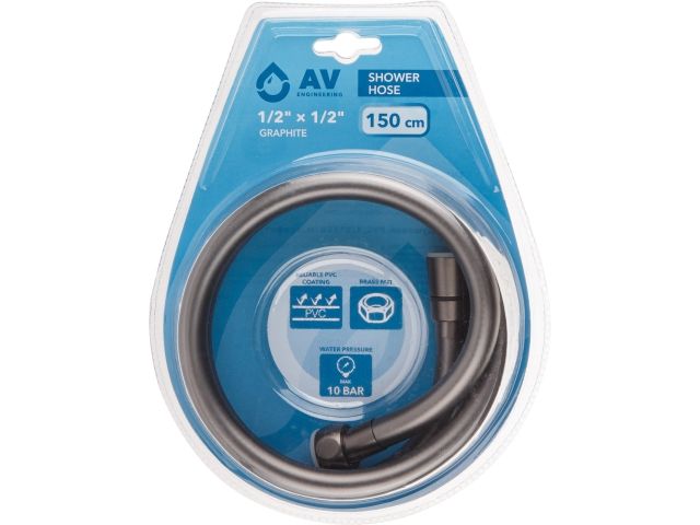 Шланг душевой, PVC, 1/2" г-г 150 см, графит, AV Engineering (Гайка латунь, 10 бар)