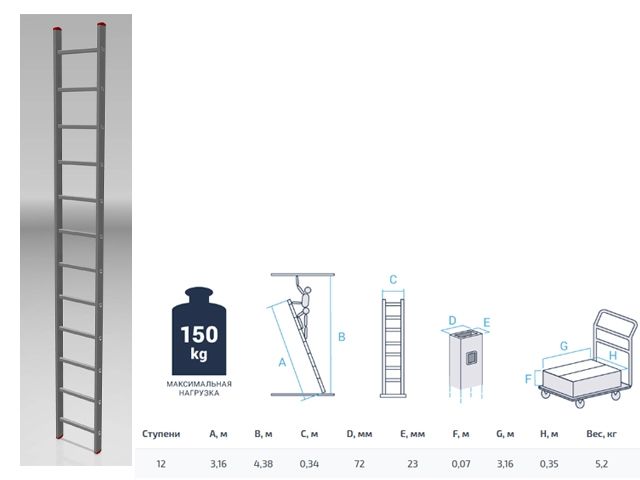 Лестница алюм. односекц. 315см 12 ступ., 4,3кг PRO STARTUL (ST9945-12)