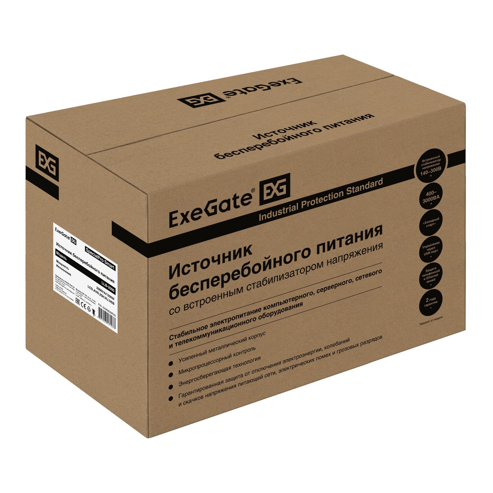 Источник бесперебойного питания ExeGate SpecialPro Smart LLB-2000.LCD.AVR.2SH.RJ.USB (EX292632RUS)