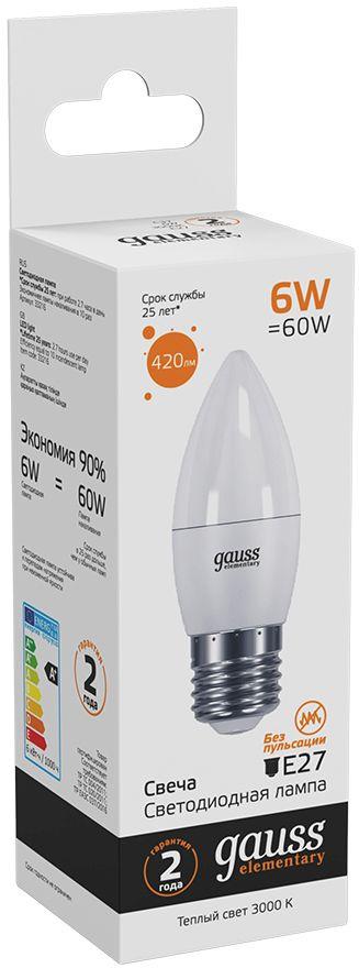 Светодиодная лампочка Gauss LED Elementary Свеча 6W E27 420lm 3000K 1шт (33216)