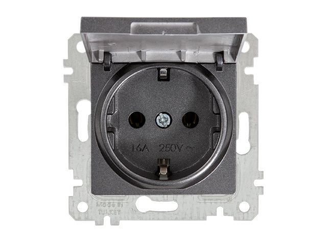 Розетка 1-ая (скрытая, без рамки, с/з, с крышкой) дымчатая, RITA, MUTLUSAN (16 A, 250 V, IP 20)