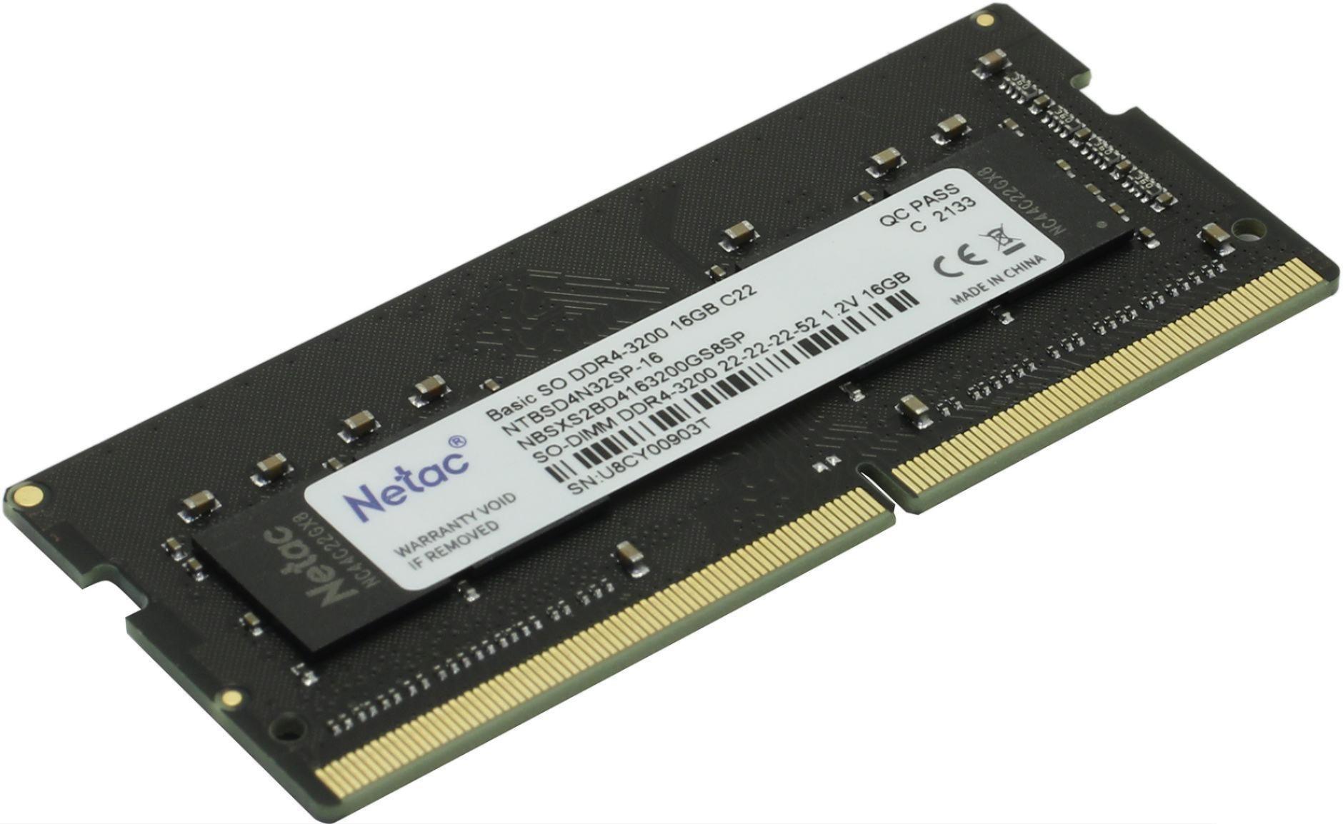 Оперативная память Netac Basic 16GB DDR4 SODIMM PC4-25600 (NTBSD4N32SP-16)