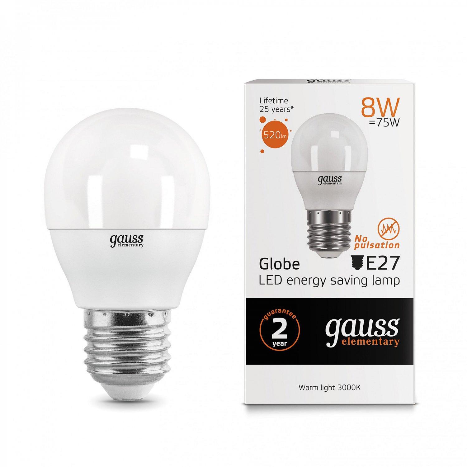 Светодиодная лампочка Gauss LED Elementary Globe 8W E27 2700К/3000K 53218
