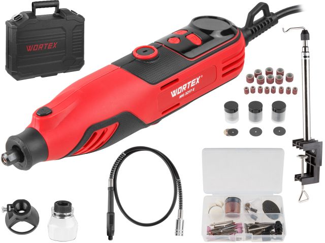 Гравер электрический WORTEX MG 3217 E в чем.+аксессуары 130 Вт, 10000-35000 об/мин, цанга 3,2 + БЗП (в чем.+ 175 аксесс., гибкий вал, штатив, БЗП 1 -
